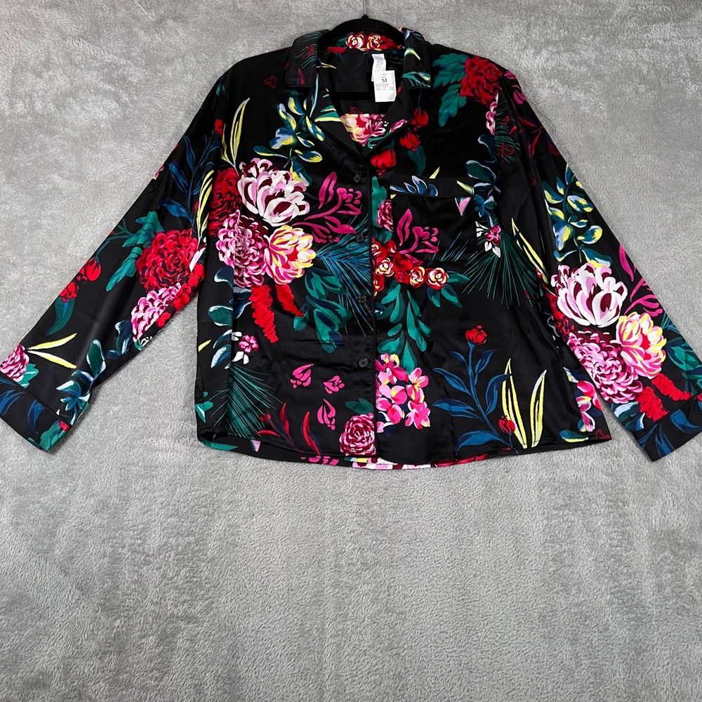Stars Above Floral Pajama Top Button Down Long Sleeve Black Size M‎